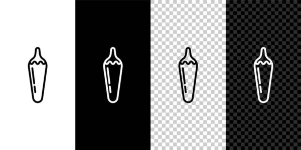 Impostare la linea Hot peperoncino icona baccello isolato su sfondo bianco e nero, trasparente. Progettazione per generi alimentari, prodotti culinari, condimento e spezie, libro di cucina. Vettore — Vettoriale Stock
