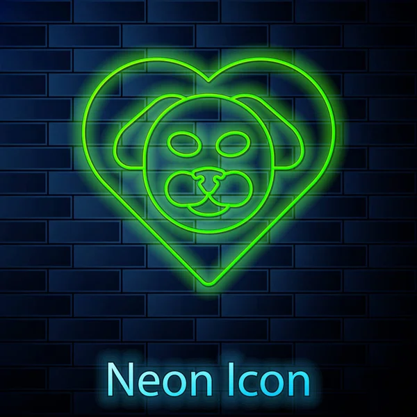 네온 라인 심장 (Glowing neon Line Heart) 에는 벽돌 벽 배경에 개 아이콘 이 고립되어 있다. 가슴에 발을 박아. 동물들을 좋아 한다. Vector — 스톡 벡터