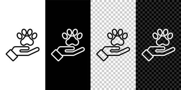 Set line Handen met dieren voetafdruk pictogram geïsoleerd op zwart-wit, transparante achtergrond. Poot in het hart. Groeten aan de dieren. Vector — Stockvector