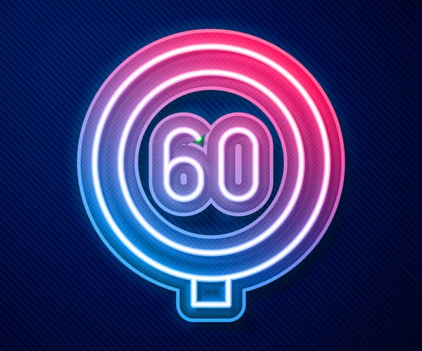 Linea neon incandescente Segnale limite di velocità Icona di 60 km isolata su sfondo blu. Vettore — Vettoriale Stock