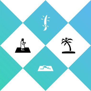 Müslüman adam namaz kılar, Arap kılıcı ve tropik palmiye ağacı ikonu. Vektör