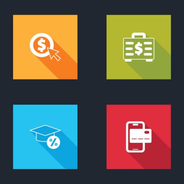 Para yerine dolar, evrak çantası ve mezuniyet parası ve mobil bankacılık ikonu koyun. Vektör