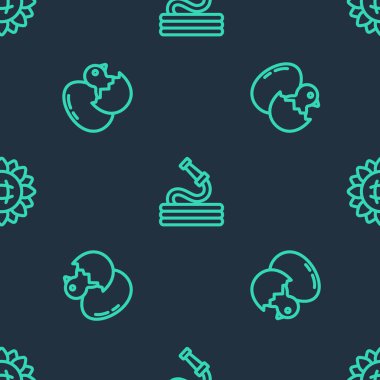 Sabit bahçe hortumu, kırık yumurta içindeki küçük civciv ve pürüzsüz desenli ayçiçeği. Vektör