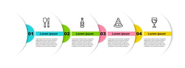 Bıçak ve kaşık, şarap şişesi, bir dilim pizza ve cam. Ticari bilgi şablonu. Vektör