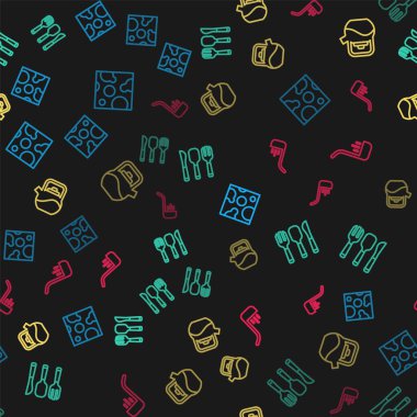 Peynir, çatal, kaşık ve bıçak, saplı çaydanlık ve dikişsiz desenli mutfak kepçesi. Vektör