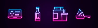 Çevrimiçi sipariş ve teslimat hattı, şarap şişesi ve kızartma tavası. Parlayan neon ikonu. Vektör