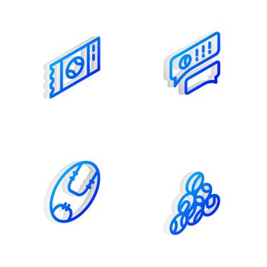 Isometric hattı konuşma balonu sohbet beyzbolu, beyzbol bileti ve ikon ayarla. Vektör