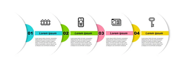 Nastavit linii Zahradní plot dřevěný, Online realitní dům, a House klíč. Obchodní infografická šablona. Vektor — Stockový vektor