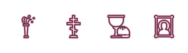 Definir linha Aspergillum, Santo Graal ou cálice, cruz cristã e ícone. Vetor — Vetor de Stock
