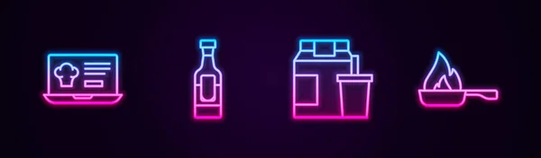 Atur pemesanan dan pengiriman online, botol anggur, dan wajan. Glowing ikon neon. Vektor - Stok Vektor
