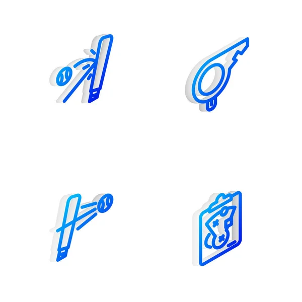Definir linha isométrica apito, bastão de beisebol com bola, e ícone de estratégia de planejamento. Vetor —  Vetores de Stock