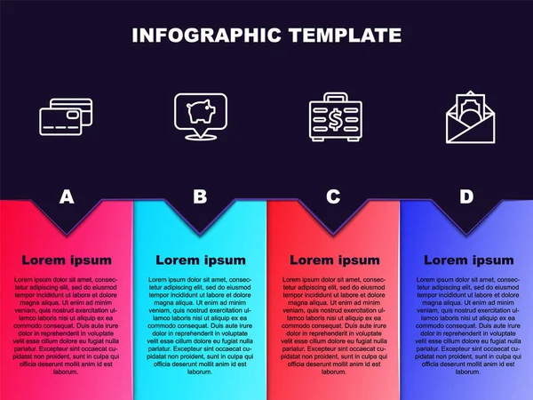 Set line Πιστωτική κάρτα, Piggy bank, Χαρτοφύλακα και χρήματα και Φάκελος με σύμβολο δολαρίου. Επιχειρηματικό πρότυπο infographic. Διάνυσμα — Διανυσματικό Αρχείο