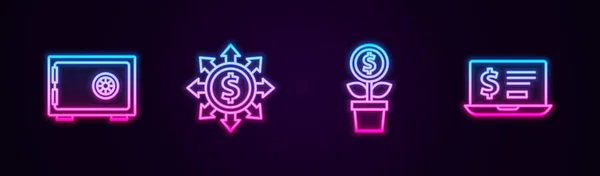 Set line Veilig, Dollar, delen, netwerk, plant en laptop met dollar. Een gloeiend neon icoon. Vector — Stockvector