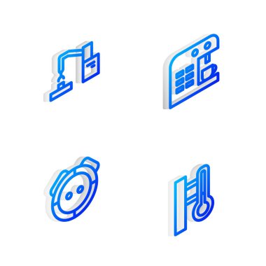 Isometric hattı kahve makinesi, robot kol fabrikası, elektrikli süpürge ve meteoroloji termometre ikonu. Vektör