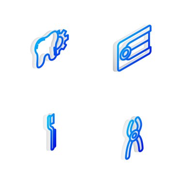 Isometric marka protez, diş fırçası ve diş fırçası ikonu takın. Vektör