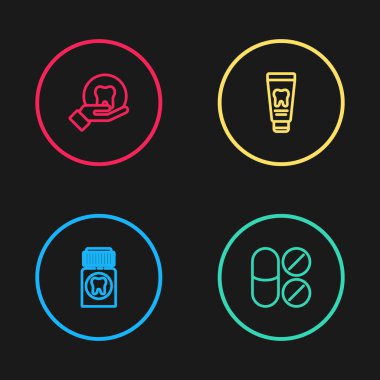 Ağrı kesici tablet, diş macunu ve diş macunu tüpü. Vektör