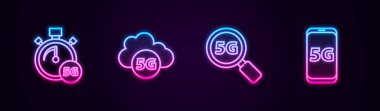 Hız ölçer 5G, Bulut Ağı, Arama ve Mobil 'i ayarla. Parlayan neon ikonu. Vektör