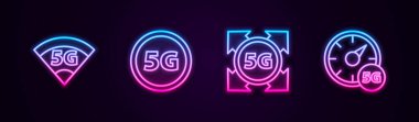 5G hattı ve dijital hız ölçer ayarlayın. Parlayan neon ikonu. Vektör
