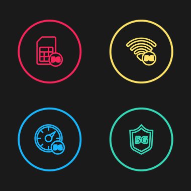 Hız ölçer 5G, koruyucu kalkan, ağ ve Sim Card simgesini ayarla. Vektör