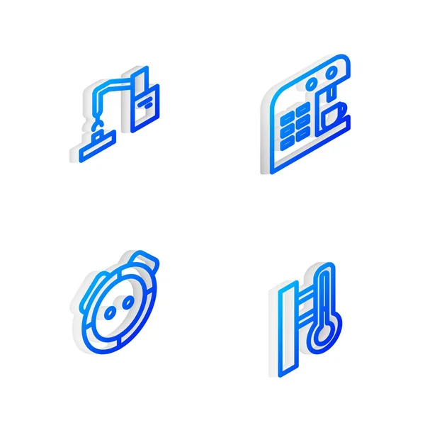 Isometric hattı kahve makinesi, robot kol fabrikası, elektrikli süpürge ve meteoroloji termometre ikonu. Vektör — Stok Vektör
