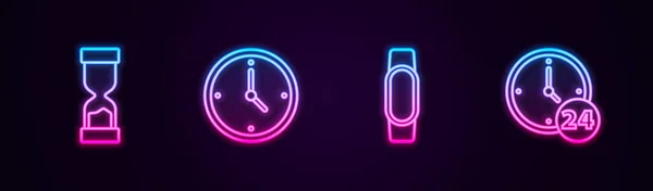 Set line Oude zandloper, Klok, Smartwatch en 24 uur. Een gloeiend neon icoon. Vector — Stockvector