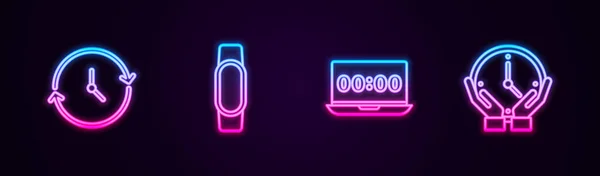 Impostare linea Orologio, Smartwatch, sul computer portatile e. Icona luminosa al neon. Vettore — Vettoriale Stock