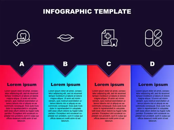 ライン歯、笑顔唇、歯科カードと鎮痛剤タブレットを設定します。ビジネスインフォグラフィックテンプレート。ベクトル — ストックベクタ