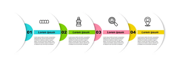 Набор линии Стоматологические модели, бутылки для промывки рта, Стоматологический поиск и клиника местоположение. Бизнес-инфографический шаблон. Вектор — стоковый вектор