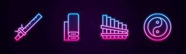 Bambu flüt, Hint tekstil kumaşı, Pan ve Yin Yang. Parlayan neon ikonu. Vektör