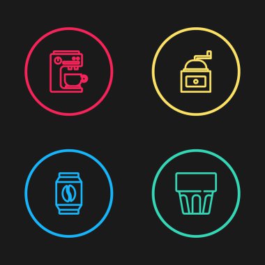 Kahve çekirdeği torbası, su bardağı, öğütücü ve kahve makinesi ikonu. Vektör