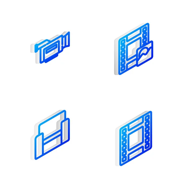 Set Isometrische Linie Play Video, Kinokamera, Stuhl und Symbol. Vektor — Stockvektor