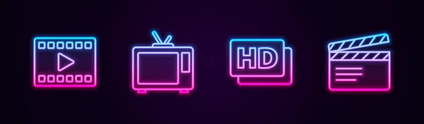 Impostare la linea Riproduci video, Retro tv, film Hd, nastro, cornice e film applauso. Icona luminosa al neon. Vettore — Vettoriale Stock