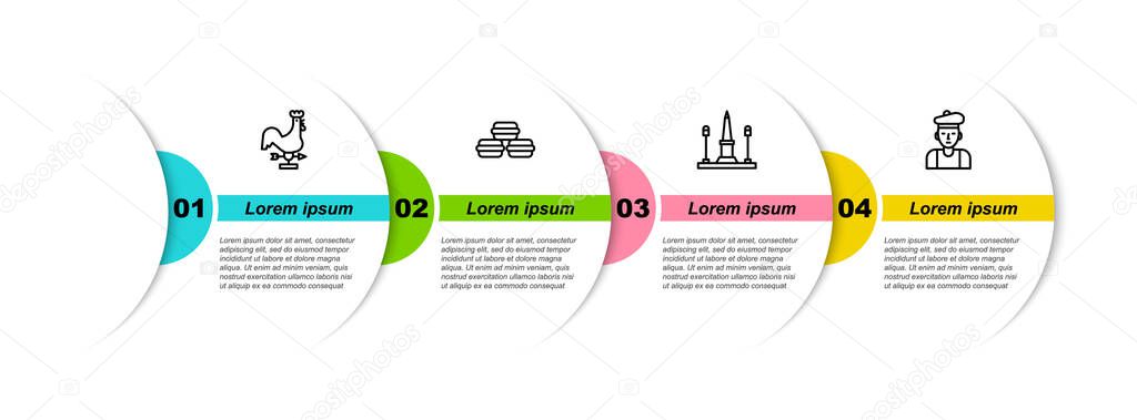 Set line Rooster weather vane, Macaron cookie, Place De La Concorde and French man. Business infographic template. Vector