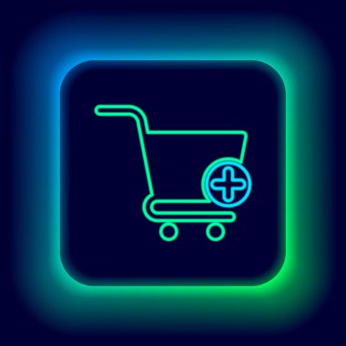 Parlayan neon hattı Siyah arkaplanda izole edilmiş alışveriş arabası simgesine ekle. İnternetten satın alma konsepti. Servis tabelası. Süpermarket sepeti sembolü. Renkli taslak konsepti. Vektör