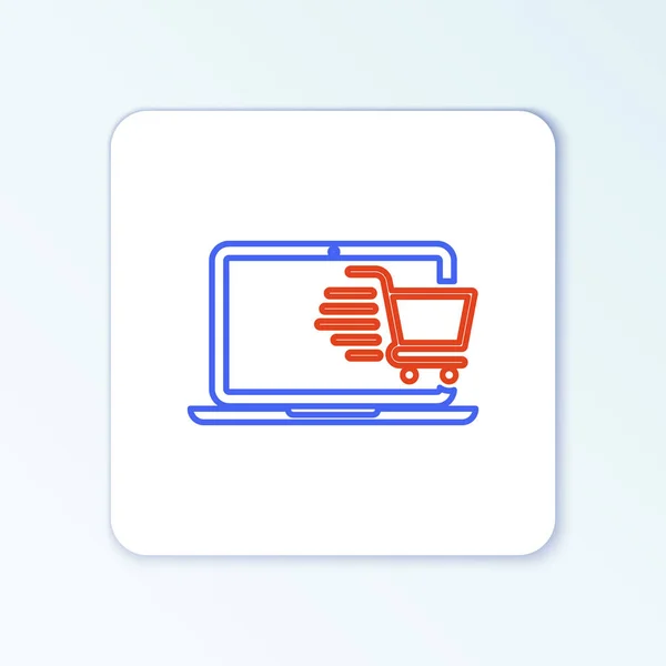 Line Winkelwagen Scherm Laptop Pictogram Geïsoleerd Witte Achtergrond Concept Commerce — Stockvector