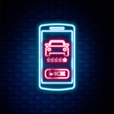 Parlayan neon hattı çevrimiçi araba paylaşım simgesi tuğla duvar arka planında izole edildi. Çevrimiçi araba kiralama servisi. Cep telefonu için online rezervasyon tasarımı konsepti. Renkli taslak konsepti. Vektör
