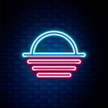 Parlayan neon hattı Sunset simgesi tuğla duvar arka planında izole edildi. Renkli taslak konsepti. Vektör