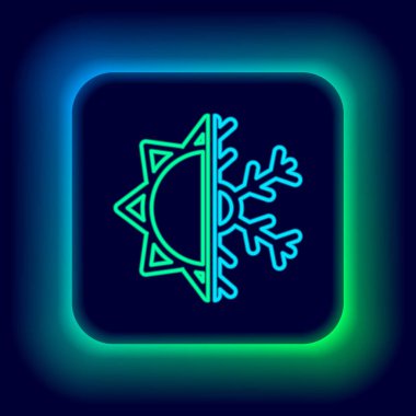 Parlayan neon hattı Sıcak ve soğuk sembol. Siyah zemin üzerinde izole edilmiş güneş ve kar tanesi simgesi. Kış ve yaz sembolü. Renkli taslak konsepti. Vektör