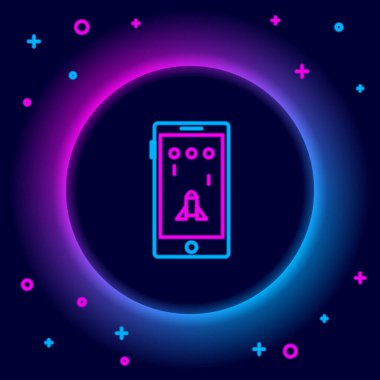 Parlak neon hattı Smartphone ve siyah arkaplanda izole edilmiş oyun simgesinde oynamak. Mobil oyun konsepti. Renkli taslak konsepti. Vektör