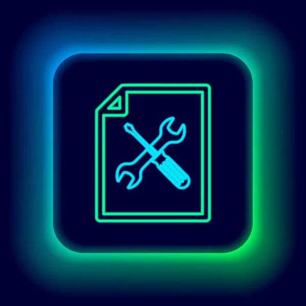 Gloeiende Neon Lijn Bestand Document Met Schroevendraaier Moersleutel Pictogram Geïsoleerd — Stockvector