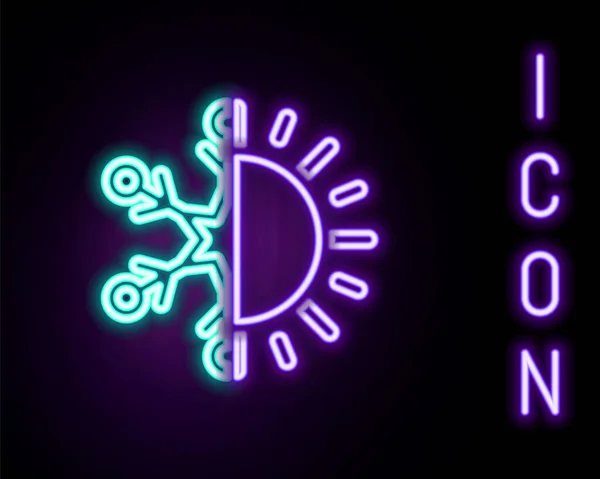 Gloeiende Neon Lijn Warm Koud Symbool Zon Sneeuwvlok Pictogram Geïsoleerd — Stockvector