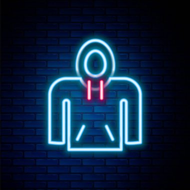 Parlayan neon çizgisi kapüşonlu ikon tuğla duvar arka planında izole edilmiş. Kapüşonlu kazak. Renkli taslak konsepti. Vektör