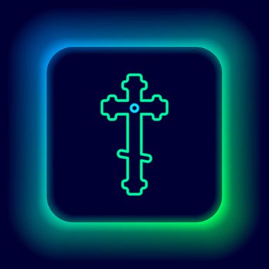 Parlayan neon hattı Hıristiyan çapraz simgesi siyah arka planda izole edildi. Kilise haçı. Renkli taslak konsepti. Vektör