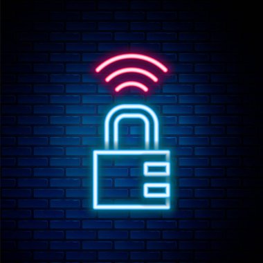 Parlayan neon hattı. Akıllı güvenli kilit simgesi tuğla duvar arka planında izole edildi. Kombinasyon asma kilit. Güvenlik, güvenlik, koruma, şifre, gizlilik. Renkli taslak konsepti. Vektör
