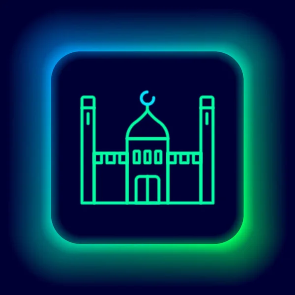 Ragyogó Neon Vonal Muzulmán Mecset Ikon Elszigetelt Fekete Háttérrel Színes — Stock Vector