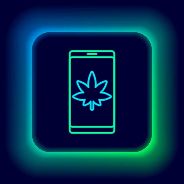 Linha Néon Brilhante Telefone Celular Maconha Medicinal Ícone Folha Cannabis — Vetor de Stock