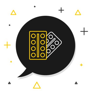 Kabarcık torbası ikonundaki çizgi hapları beyaz arka planda izole edilmiş. İlaç paketi. Tablet, vitamin, antibiyotik, aspirin. Renkli taslak konsepti. Vektör