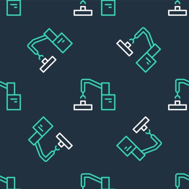 Çizgi endüstriyel robot robot kol fabrikası ikonu siyah arkaplanda kusursuz desen izole etti. Endüstriyel robot manipülatörü. Vektör