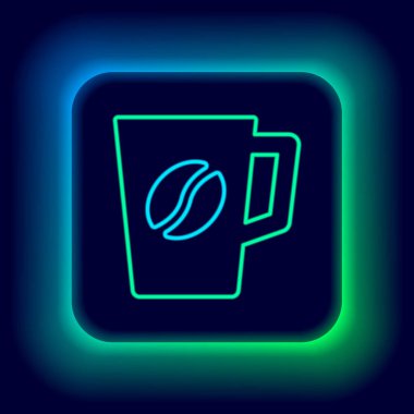 Parlayan neon hattı kahve fincanı simgesi siyah arka planda izole edilmiş. Çay fincanı. Sıcak içecek kahvesi. Renkli taslak konsepti. Vektör