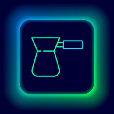 Parlayan neon hattı, siyah arka planda izole edilmiş Türk kahve ikonu. Renkli taslak konsepti. Vektör